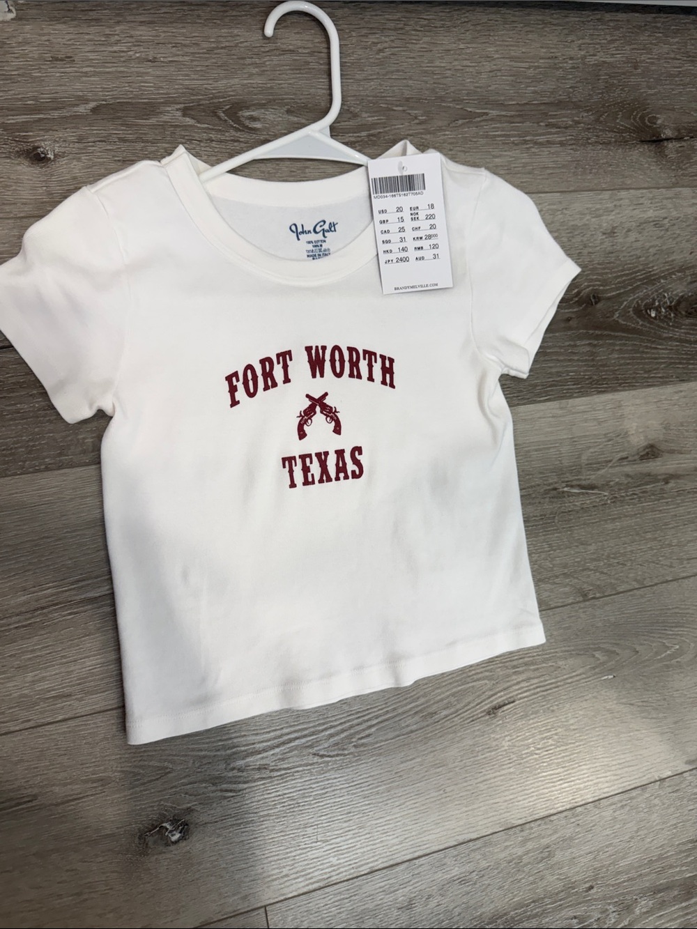 Brandy Melville White Crop Top Tee with Maroon Fort Worth Texas Graphic
